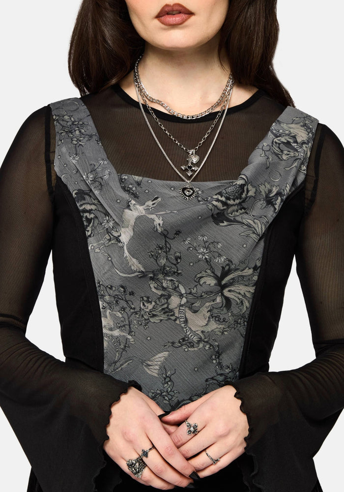 Merunicorn Enchanted Forest Print Chiffon Cowl Corset Top