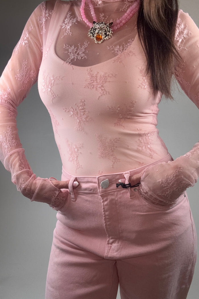 Mesh Lace High Neck Design Long Sleeve Fitted Top - Born To Glam