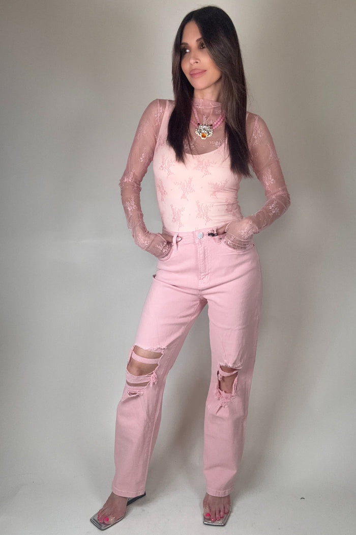 Style the Mica Denim Pink Super High Dad Jean exclusively at Born To Glam