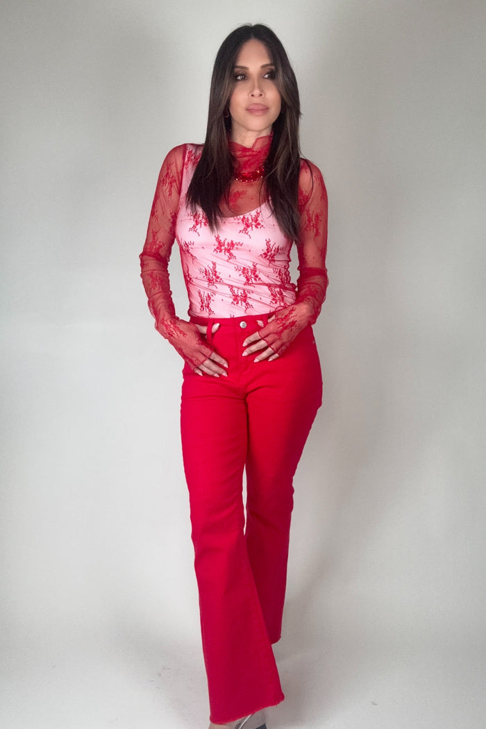 Mesh Lace High Neck Design Long Sleeve Fitted Top - Born To Glam