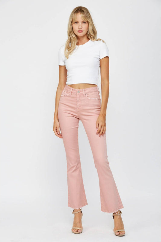 Style the Mica Denim Dusty Pink High Rise Boot Cut Jeans exclusively at Born To Glam