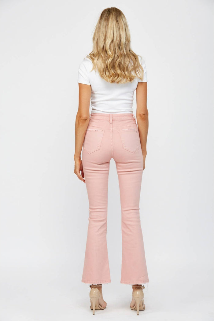 Style the Mica Denim Dusty Pink High Rise Boot Cut Jeans exclusively at Born To Glam