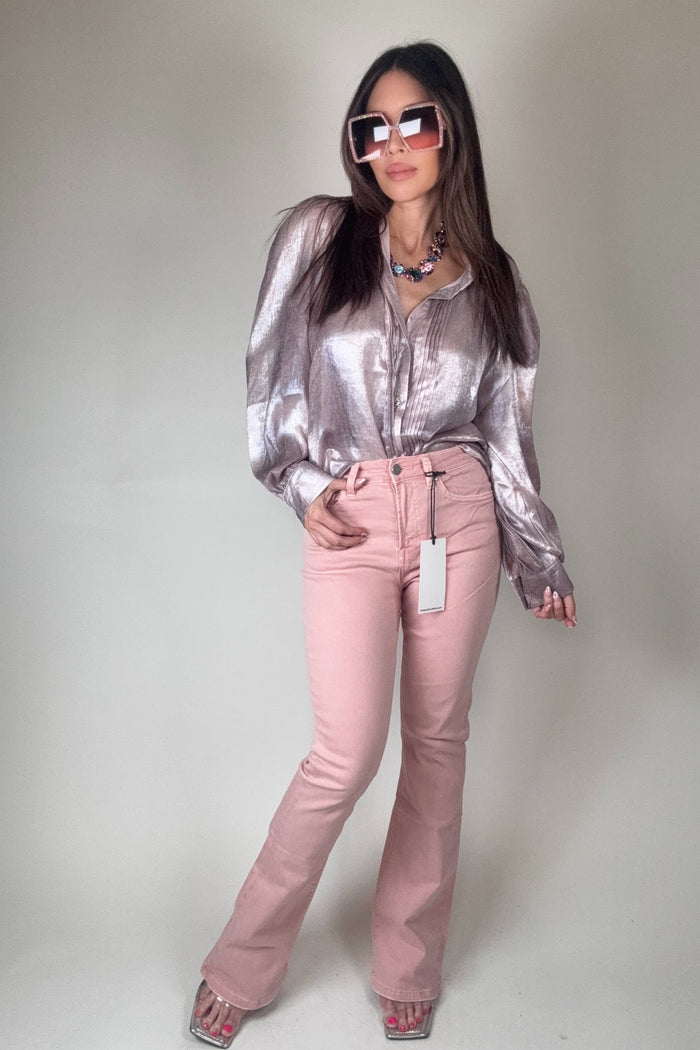 Style the Mica Denim Dusty Pink High Rise Boot Cut Jeans exclusively at Born To Glam