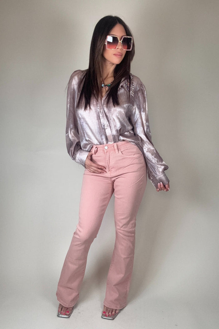 Style the Mica Denim Dusty Pink High Rise Boot Cut Jeans exclusively at Born To Glam
