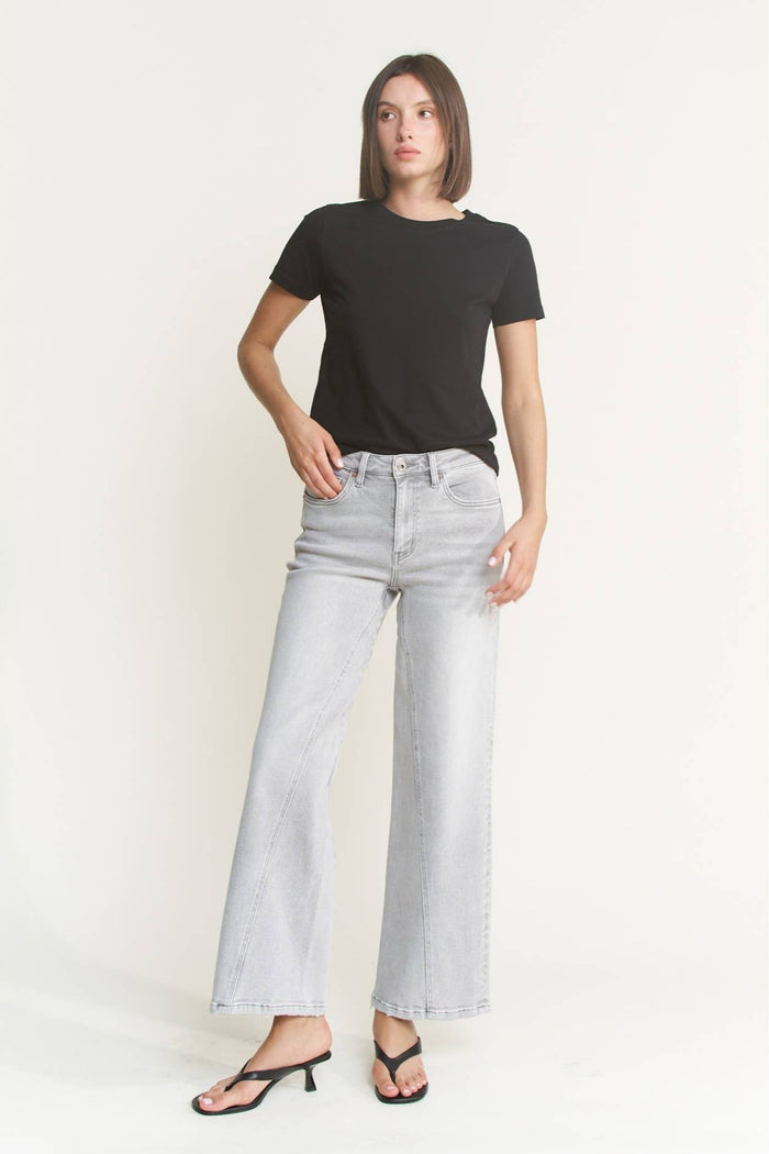 Style the Mica Denim Gray High Rise Wide Leg Jeans exclusively at Born To Glam