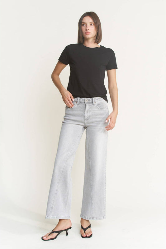 Style the Mica Denim Gray High Rise Wide Leg Jeans exclusively at Born To Glam