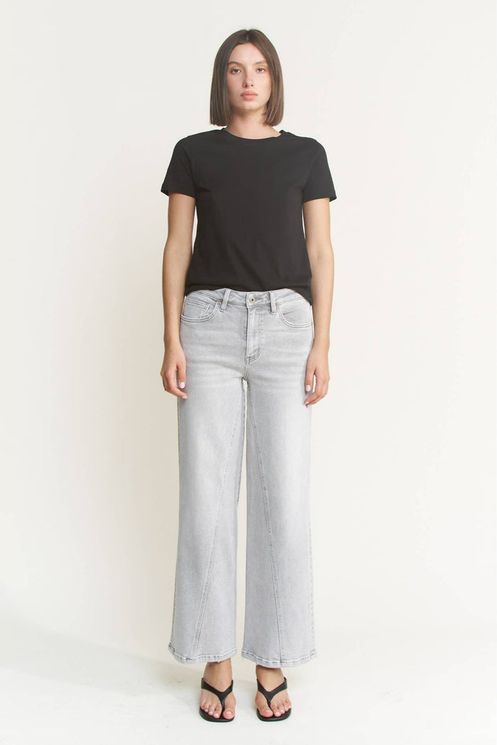 Style the Mica Denim Gray High Rise Wide Leg Jeans exclusively at Born To Glam