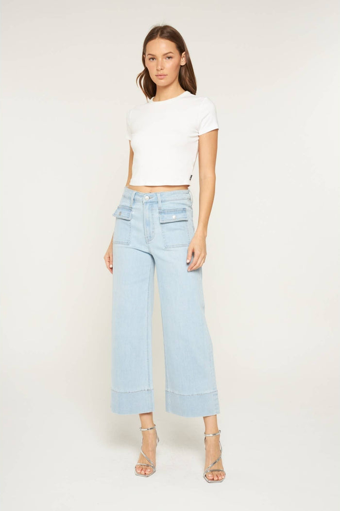 Style the Mica Denim High Rise Cropped Wide Leg With Patch Pocket Jeans exclusively at Born To Glam