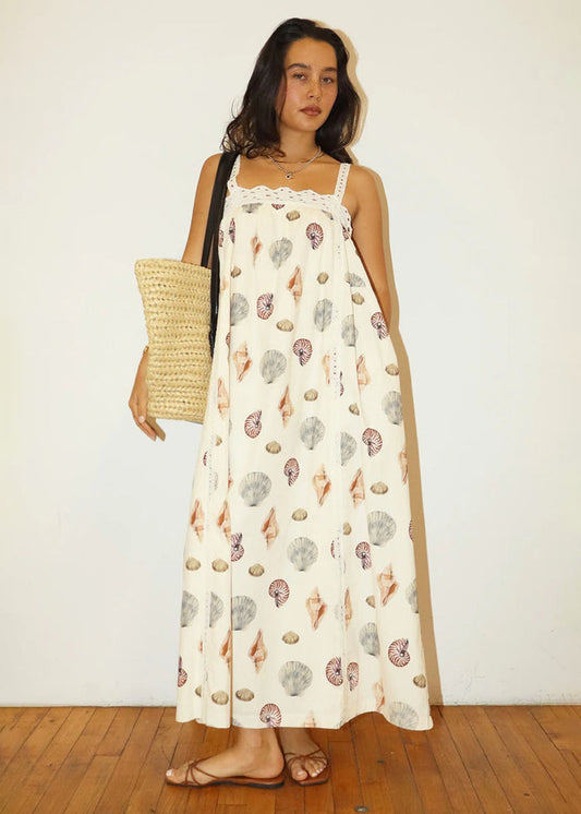 Michelle Seashell Lace Trim Maxi Dress - Cream