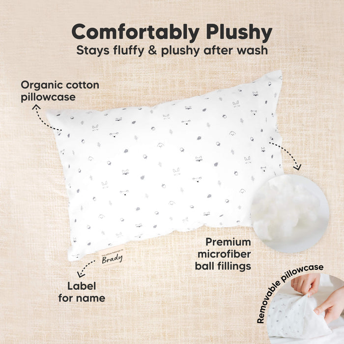 Comfortably Plushy - Stays fluffy & plushy after wash, with Removable Organic cotton pillowcase, Premium microfiber ball fillings. Has Label for name