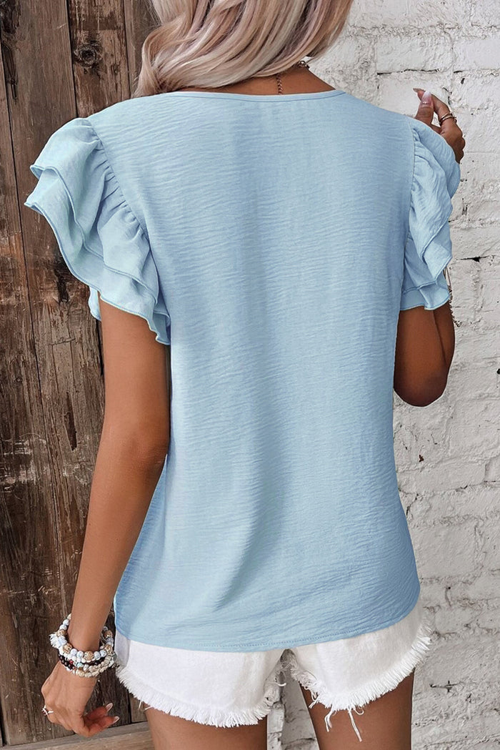 Mist Blue Solid Colour Ruffled Short Sleeve Casual Blouse - Tops/Blouses & Shirts