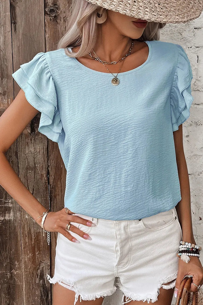 Mist Blue Solid Colour Ruffled Short Sleeve Casual Blouse - Tops/Blouses & Shirts