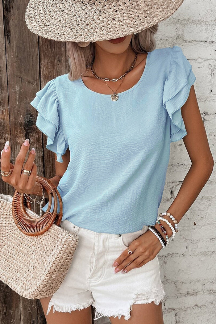Mist Blue Solid Colour Ruffled Short Sleeve Casual Blouse - Tops/Blouses & Shirts