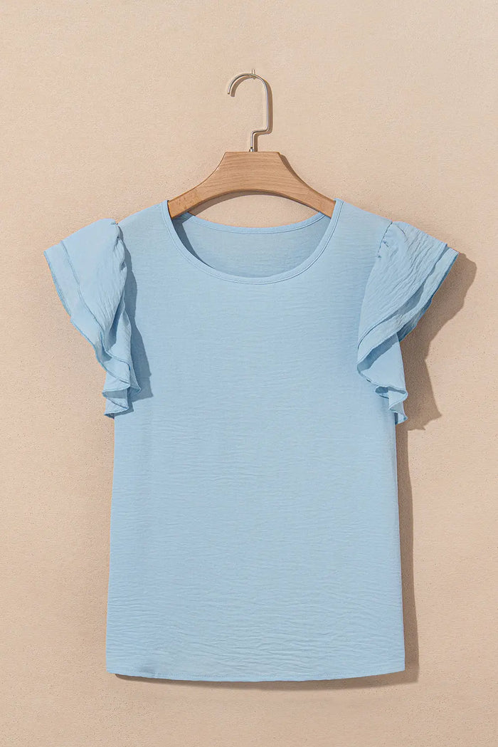 Mist Blue Solid Colour Ruffled Short Sleeve Casual Blouse - Tops/Blouses & Shirts