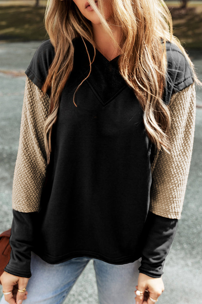 Mist Green Contrast Sleeves Patchwork Colourblock Hoodie - BLACK / S / 50% POLYESTER + 50% COTTON - Tops/Sweatshirts &