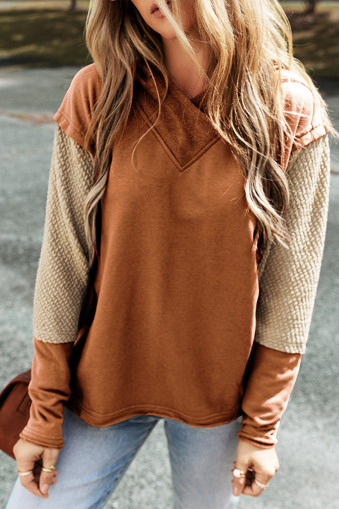 Mist Green Contrast Sleeves Patchwork Colourblock Hoodie - CHESTNUT / S / 50% POLYESTER + 50% COTTON - Tops/Sweatshirts
