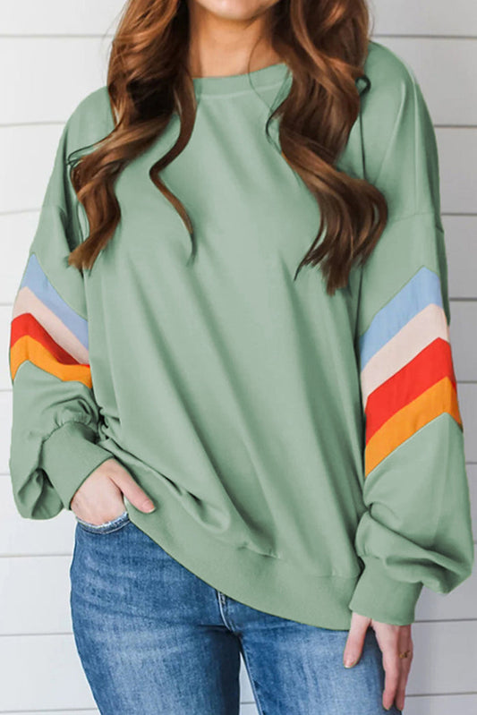 Moonlight Jade Rainbow Striped Sleeve Crew Neck Loose Sweatshirt - MOONLIGHT JADE / S / 65% POLYESTER + 35% COTTON