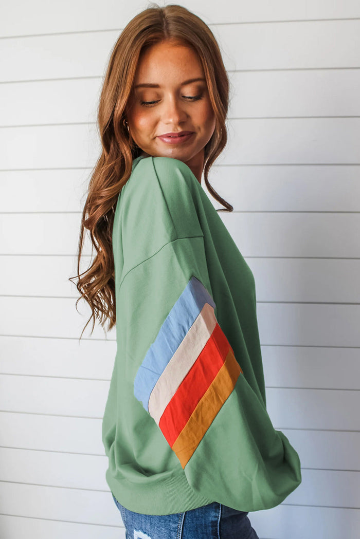 Moonlight Jade Rainbow Striped Sleeve Crew Neck Loose Sweatshirt - Tops/Sweatshirts & Hoodies