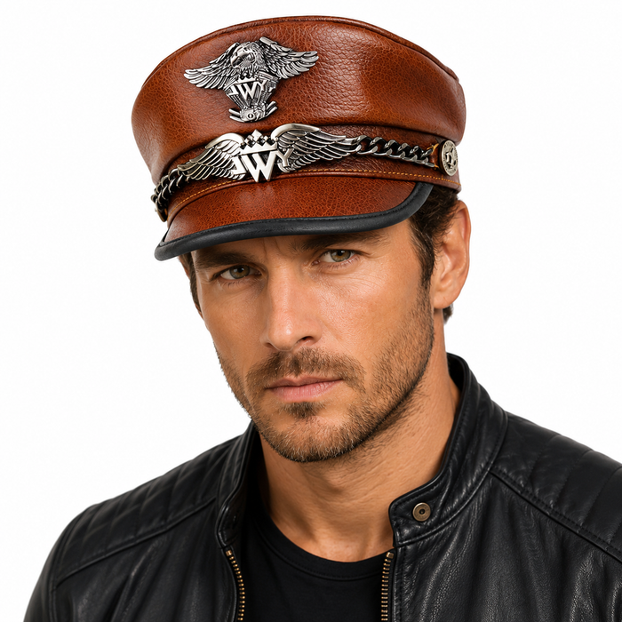 Genuine leather biker hat in dark brown cowhide with structured cap shape