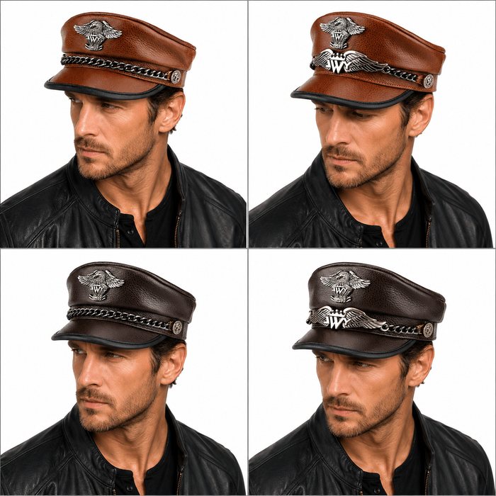 Adjustable leather biker cap for men with vintage eagle detail