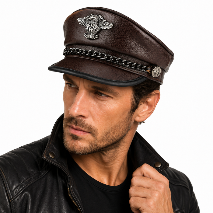 Men’s leather cap close-up showing cowhide texture and front detail