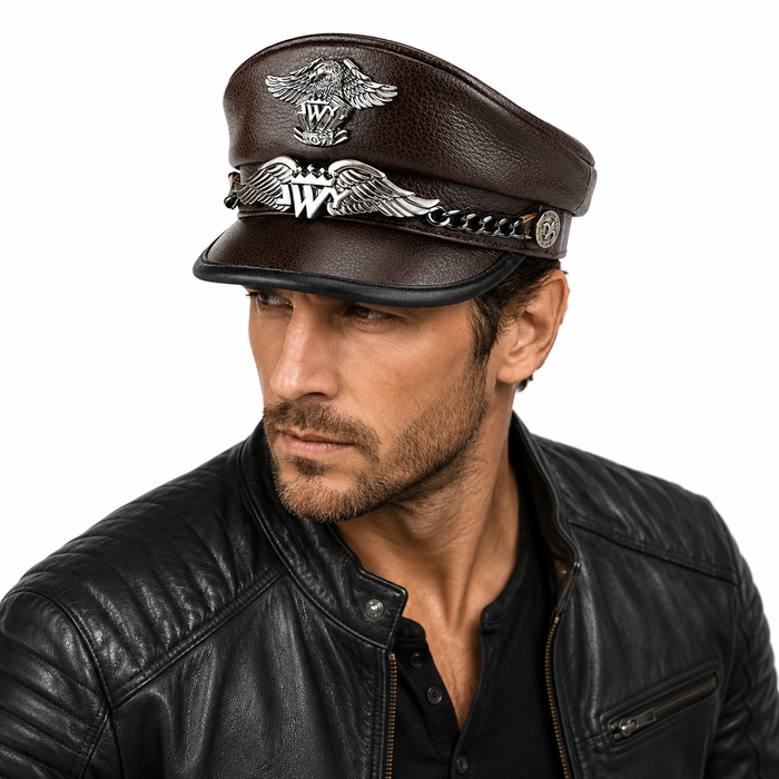Adjustable leather biker cap side view for online product listing