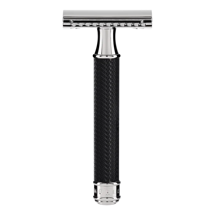 Mühle R89 barberhøvel med svart teksturert håndtak og forkrommet metall