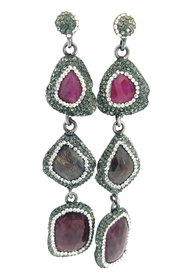 Multicolor long drop earrings with pink and burgundy faceted gemstone tiers framed by sparkling crystal accents.