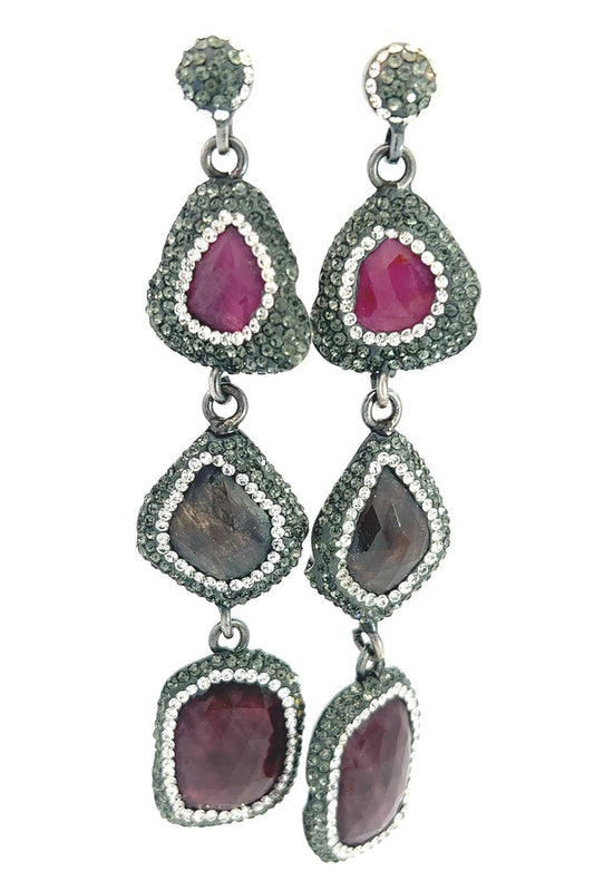 Multicolor long drop earrings with pink and burgundy faceted gemstone tiers framed by sparkling crystal accents.