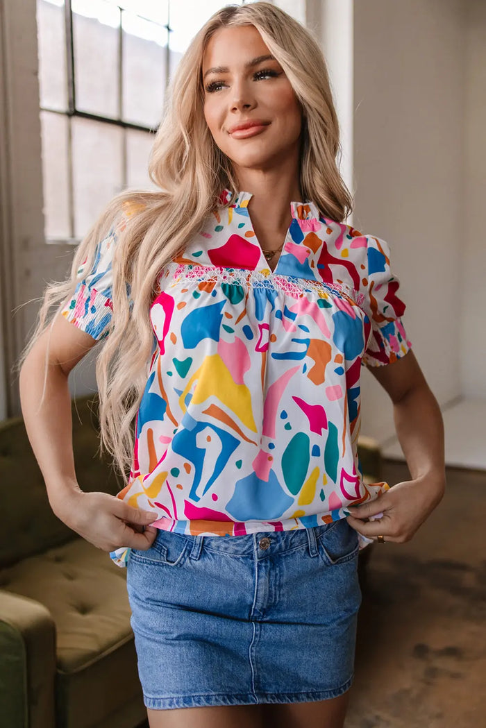 Multicolour Abstract Print Lace Detail Shirred Short Sleeve Split Neck Blouse - S / 100% Polyester - Tops/Blouses &