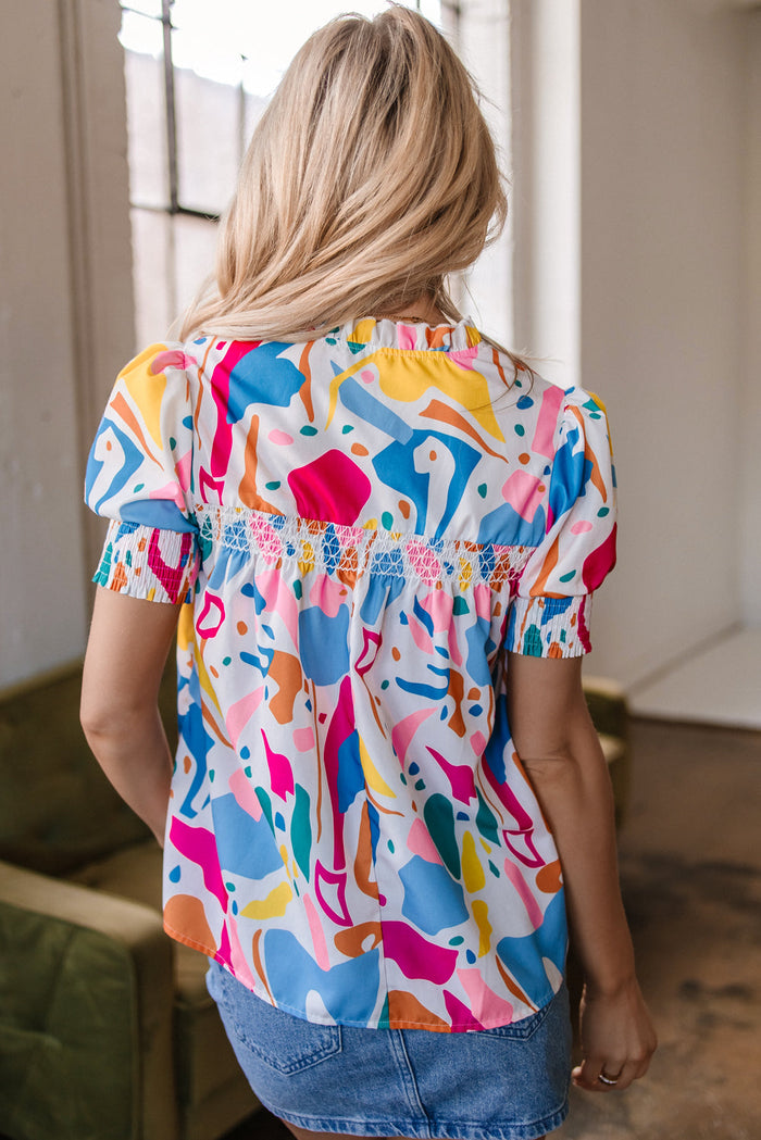 Multicolour Abstract Print Lace Detail Shirred Short Sleeve Split Neck Blouse - Tops/Blouses & Shirts