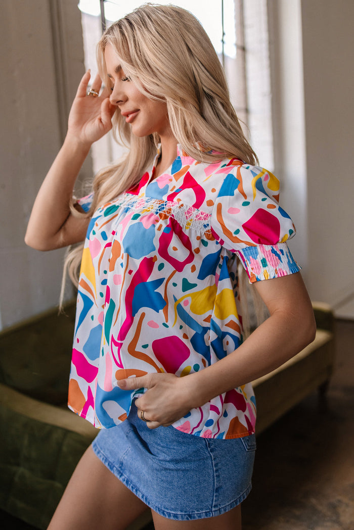 Multicolour Abstract Print Lace Detail Shirred Short Sleeve Split Neck Blouse - Tops/Blouses & Shirts