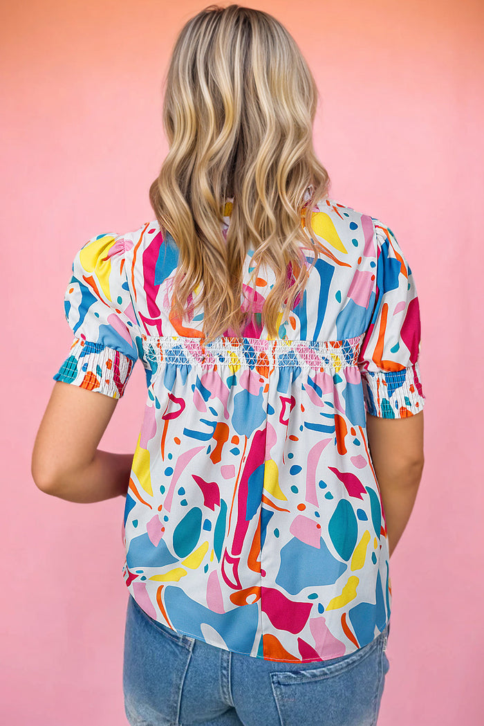 Multicolour Abstract Print Lace Detail Shirred Short Sleeve Split Neck Blouse - Tops/Blouses & Shirts