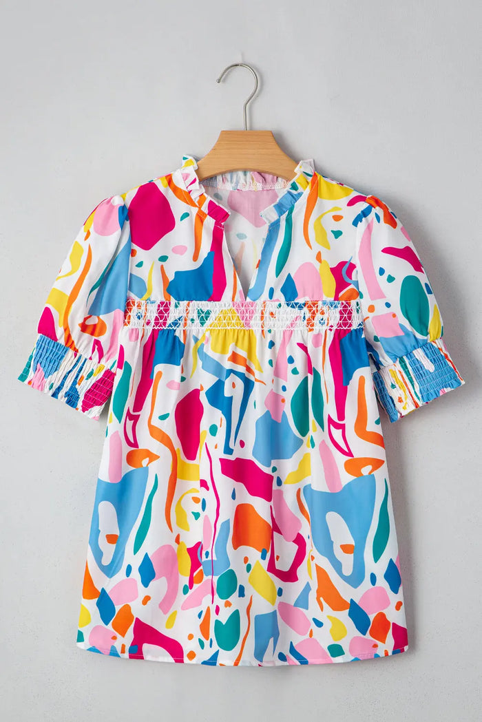 Multicolour Abstract Print Lace Detail Shirred Short Sleeve Split Neck Blouse - Tops/Blouses & Shirts