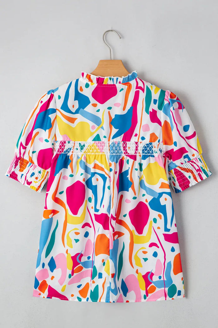 Multicolour Abstract Print Lace Detail Shirred Short Sleeve Split Neck Blouse - Tops/Blouses & Shirts
