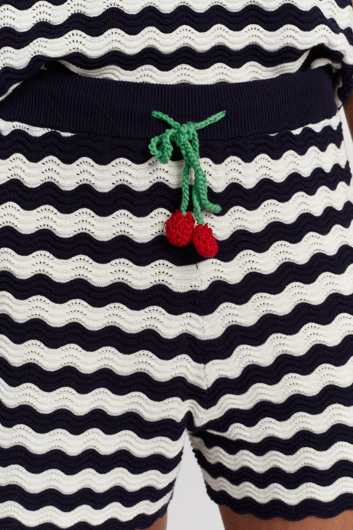 Navy Cotton Cherry Crochet Shorts