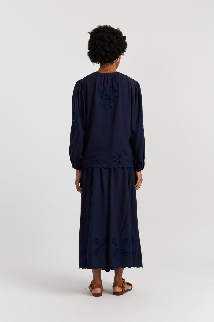 Navy Linen-Blend Broderie Blouse
