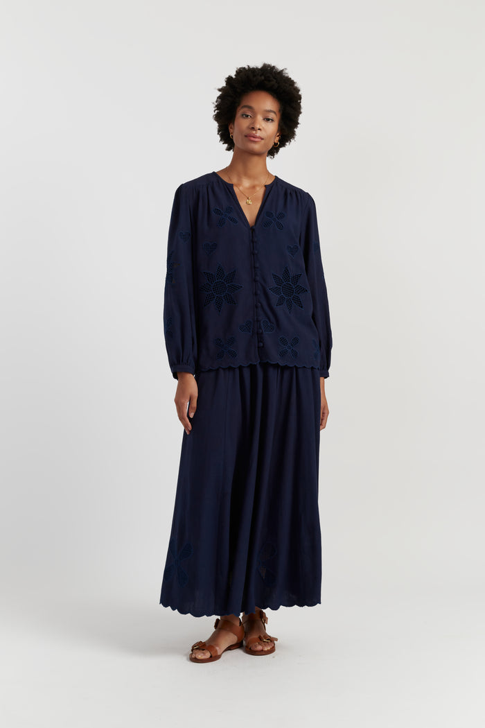 Navy Linen-Blend Broderie Blouse
