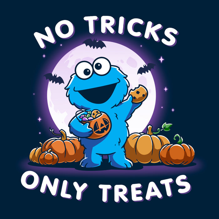 Classic Cotton T-shirt_TeeTurtle navy blue No Tricks Only Treats (Cookie Monster) apparel featuring Cookie Monster holding a cookie and a pumpkin basket of treats with pumpkins, bats, and a full moon in the background, and the caption, “No Tricks, Only Treats“.
