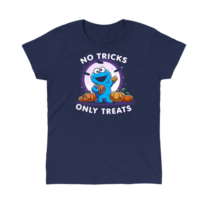 Classic Cotton T-shirt_TeeTurtle navy blue No Tricks Only Treats (Cookie Monster) apparel featuring Cookie Monster holding a cookie and a pumpkin basket of treats with pumpkins, bats, and a full moon in the background, and the caption, “No Tricks, Only Treats“.