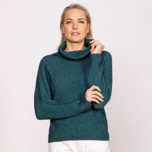 Woman wearing Noble Wilde - Merino & Possum Moss Switch Cowl Jumper (NW3126) in the colour Paua.
