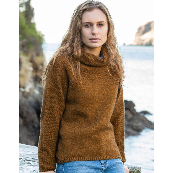 Woman wearing Noble Wilde - Merino & Possum Moss Switch Cowl Jumper (NW3126) in the colour Tahiti.