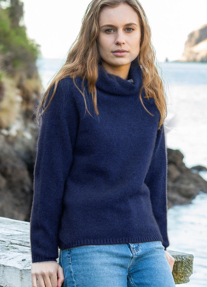 Woman wearing Noble Wilde - Merino & Possum Moss Switch Cowl Jumper (NW3126) in the colour Maritime.