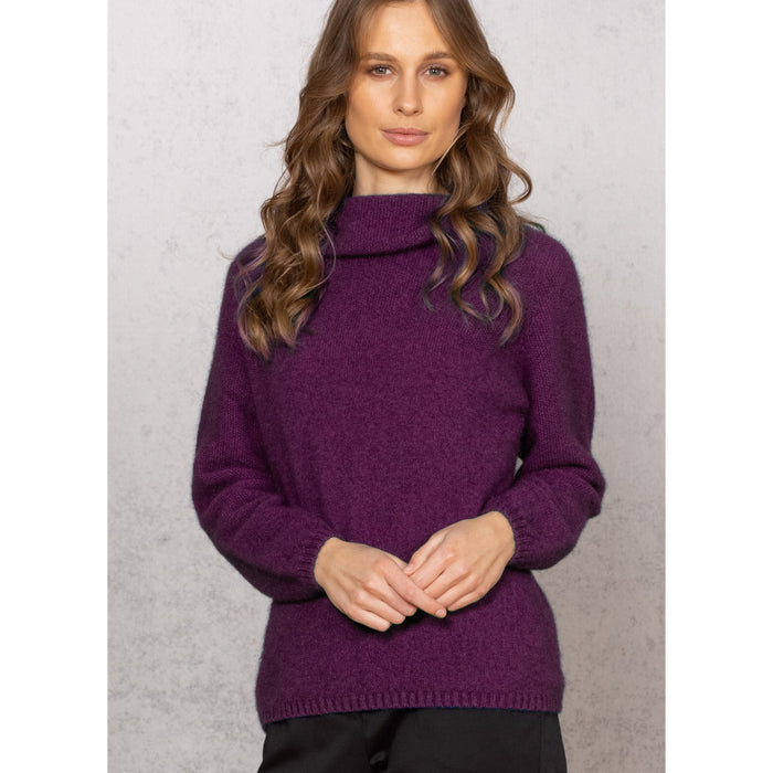 Woman wearing Noble Wilde - Merino & Possum Moss Switch Cowl Jumper (NW3126) in the colour Twilight.