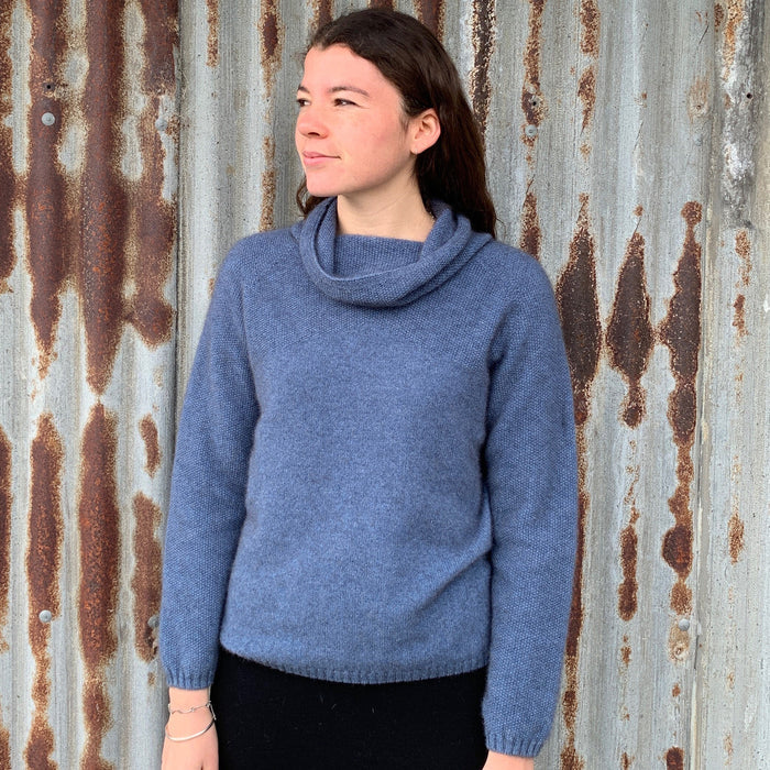 Woman wearing Noble Wilde - Merino & Possum Moss Switch Cowl Jumper (NW3126) in the colour Bahama.