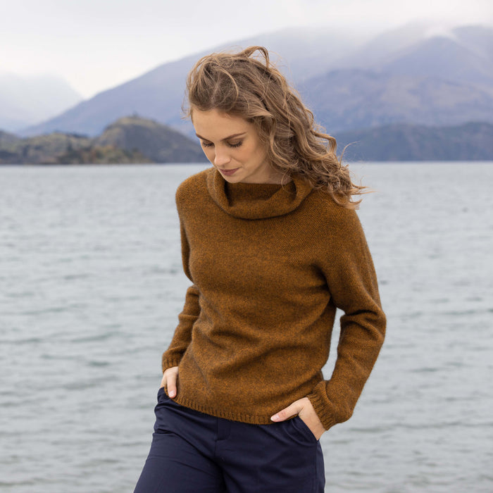 Woman wearing Noble Wilde - Merino & Possum Moss Switch Cowl Jumper (NW3126) in the colour Tahiti.