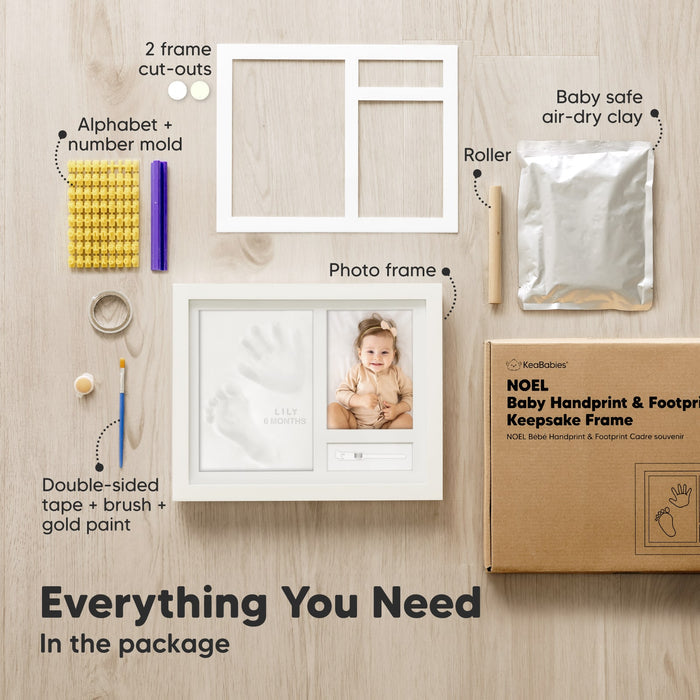 Everything You Need
In the package

2 frames cut-outs
Alphabet number mold
Roller
Baby safe air-dry clay
Photo frame
Double-sided tape + brush + gold paint