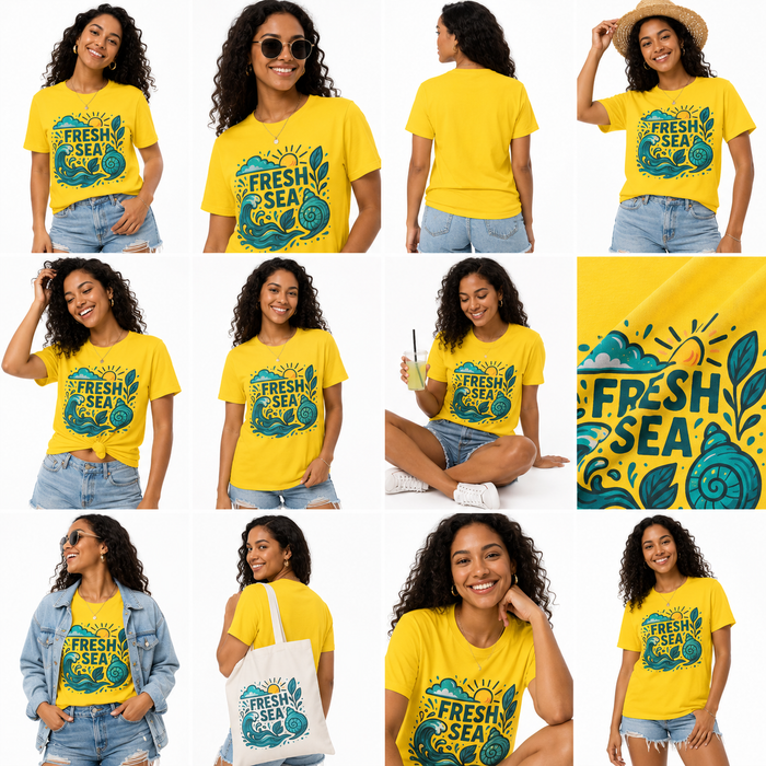 A 12-panel collage showing a woman modeling a bright yellow graphic T-shirt from multiple angles, plus a close-up of the shirt print. The shirt features a teal and blue 'Fresh Sea' design with sun, waves, and shell motifs.