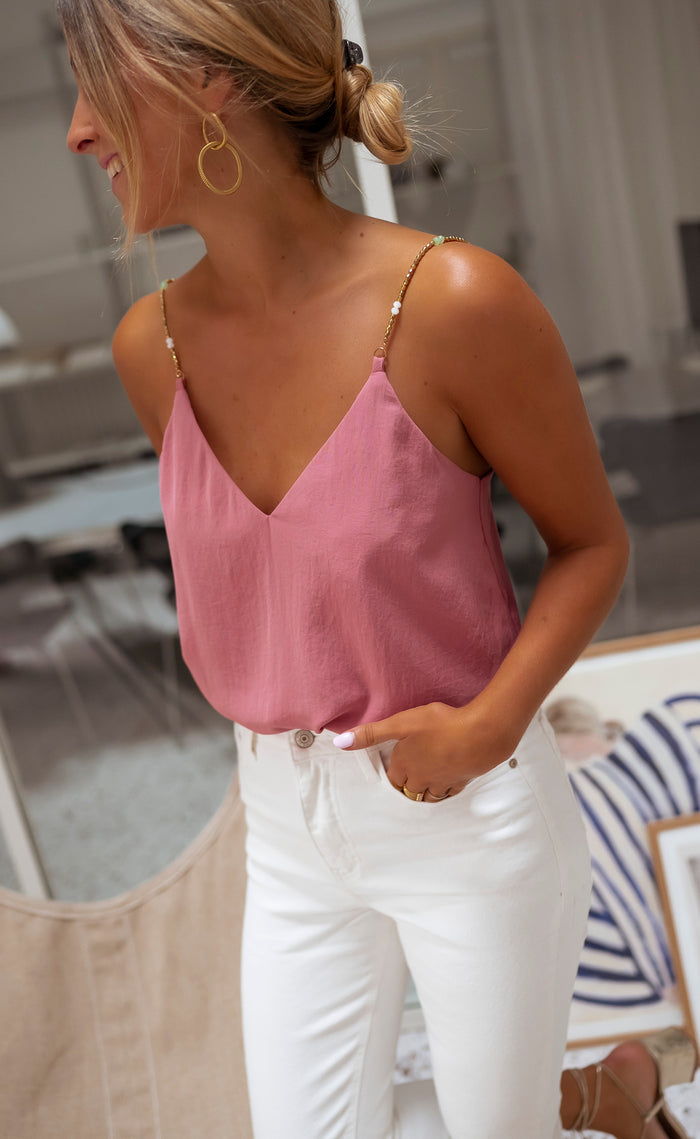 Old pink Lacty top showing V-neck and pearl straps