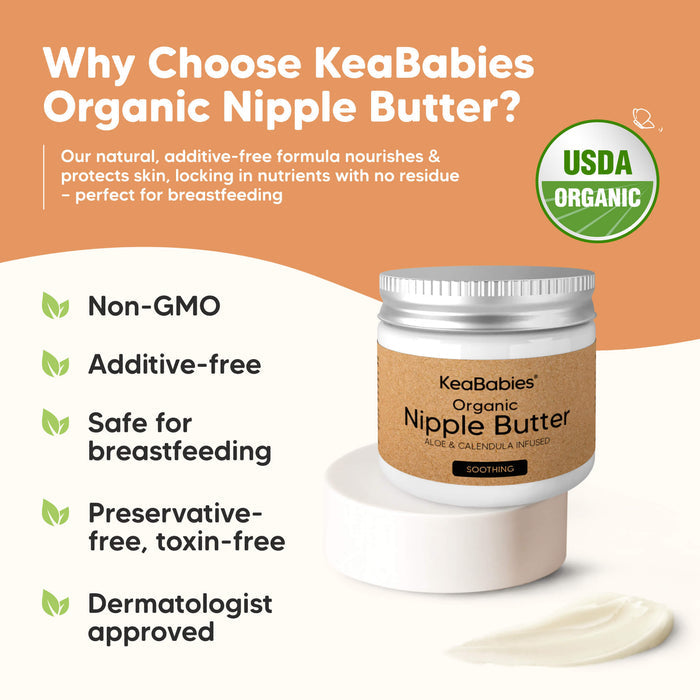 Why Choose KeaBabies Organic Nipple Butter?

Our natural, additive-free formula nourishes & protects skin, locking in nutrients with no residue — perfect for breastfeeding

Non-GMO
Additive-free
Safe for breastfeeding
Preservative-free, toxin-free
Dermatologist approved